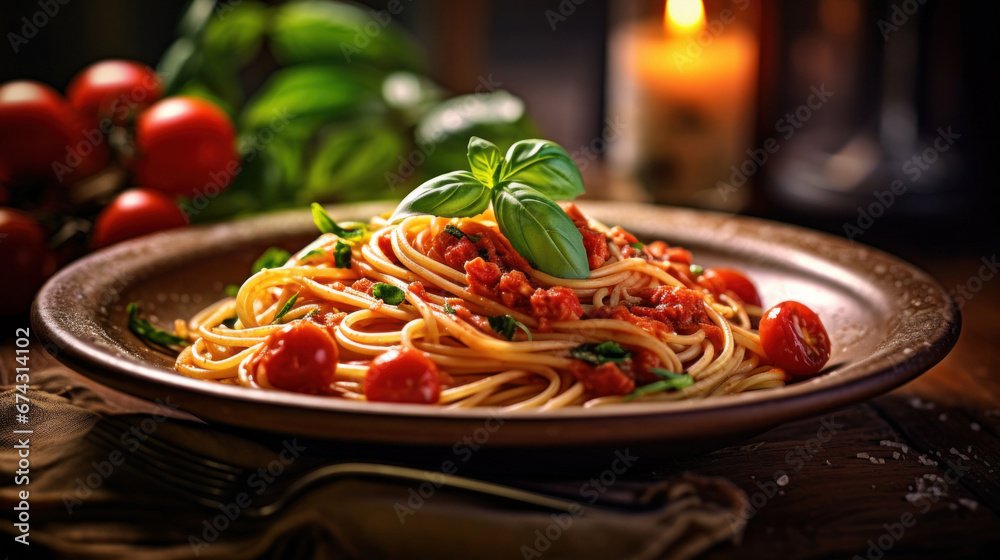 Italian spaghetti on rustic wooden table in the restaurant.