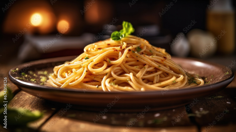 Italian spaghetti on rustic wooden table in the restaurant.