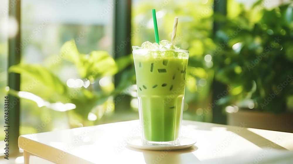 Closeup of iced matcha latte in a stylish glass on sunny background in front of the window in a cafe. Generative AI