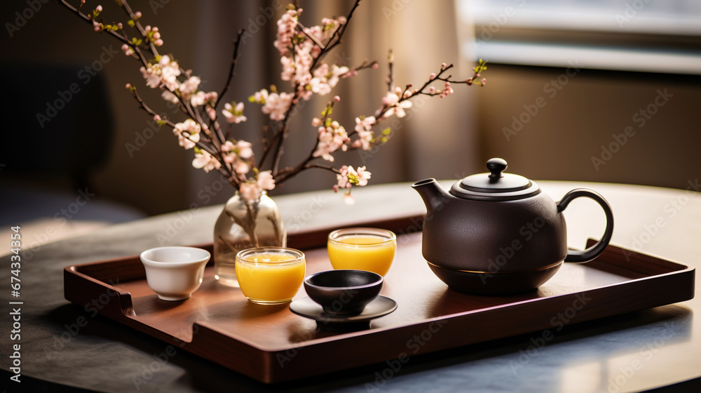 Tea ceremony, traditional teapot and ceramic cups on wooden tray on dark background with sakura blossoms. Generative AI