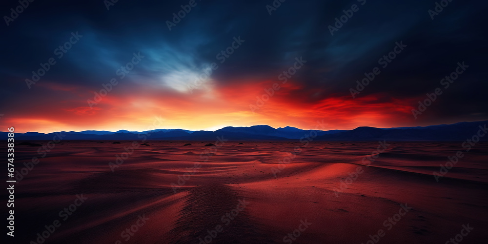 Dramatic sky over desert. Dark clouds over sand dunes. Generative AI