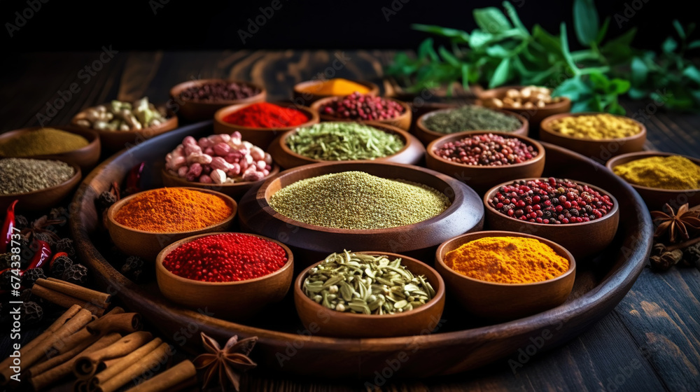 Collection of different aromatic spices, seeds and herbs in a small plates on wooden table, side view. Generative AI