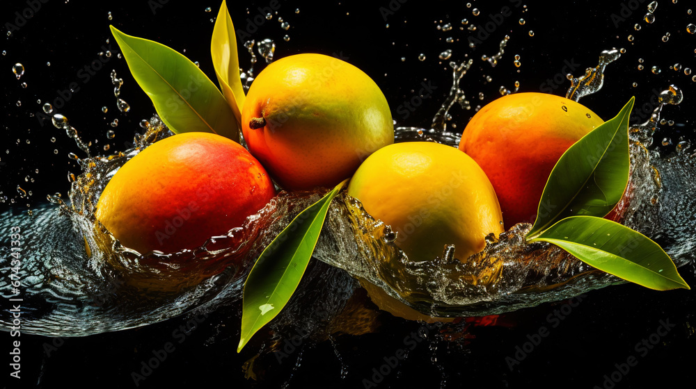 Fresh mangoes with water splashes on black background. Generative AI