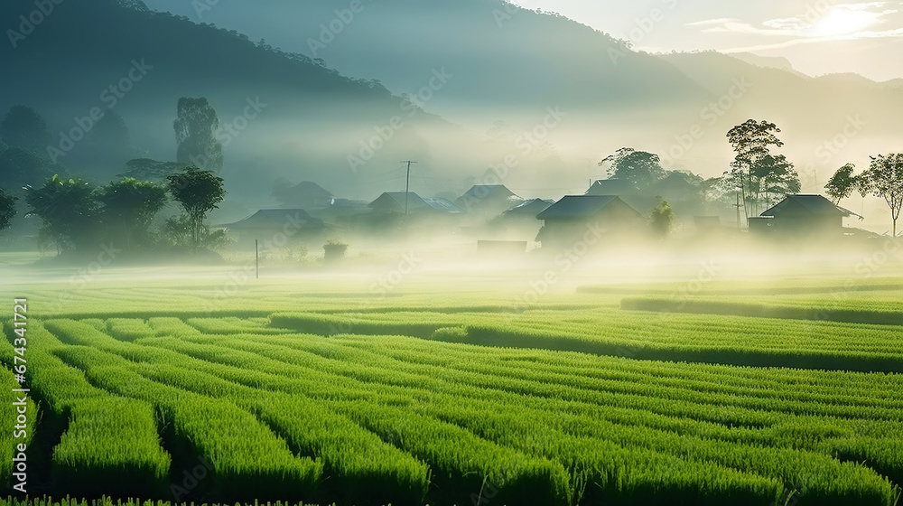 Beautiful mystery green rice fields covered by morning fog, mountain in the background. Generative AI