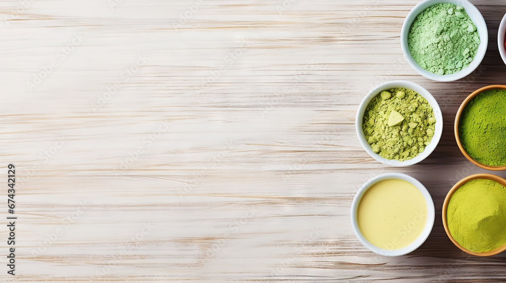 Matcha tea powder in a wooden plate on light wooden background with whisk, top view, copy space. Generative AI