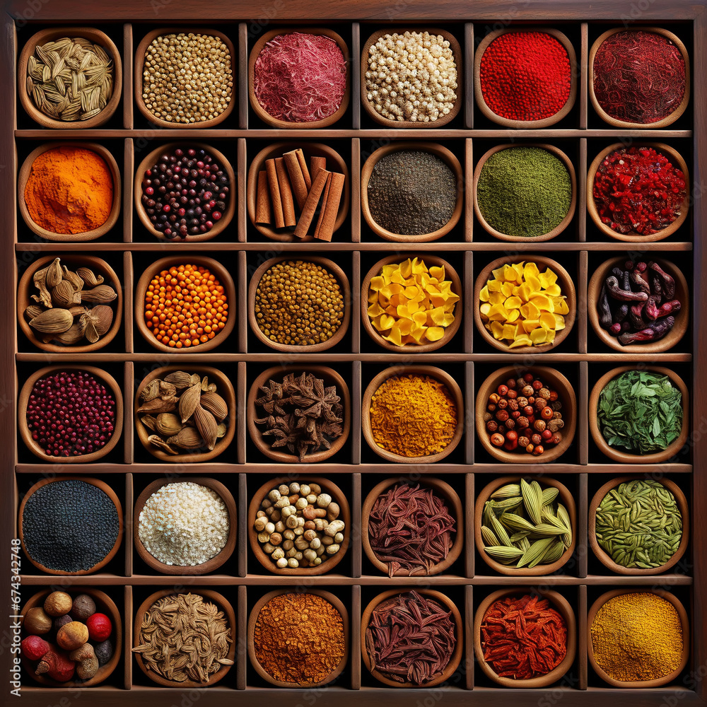 Collection of different aromatic spices and seeds in a wooden cells on black background, view from above. Generative AI