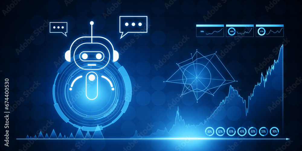 Glowing robot and chart hologram on blurry background. Artificial intelligence, chat GPT, bot assistant and machine learning concept. 3D Rendering.