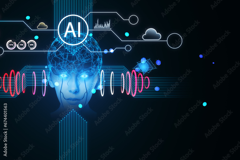 Creative polygonal human head and icons hologram on dark backdrop. Artificial intelligence, chat GPT, bot assistant and machine learning concept. 3D Rendering.