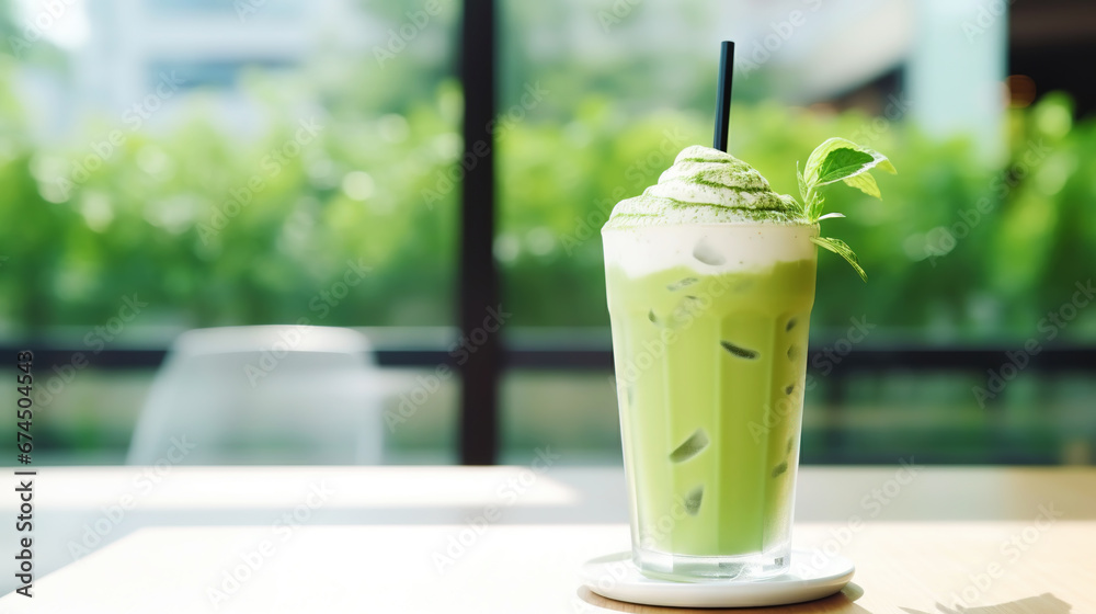 Closeup of iced matcha latte in a stylish glass on sunny background in front of the window in a cafe. Generative AI