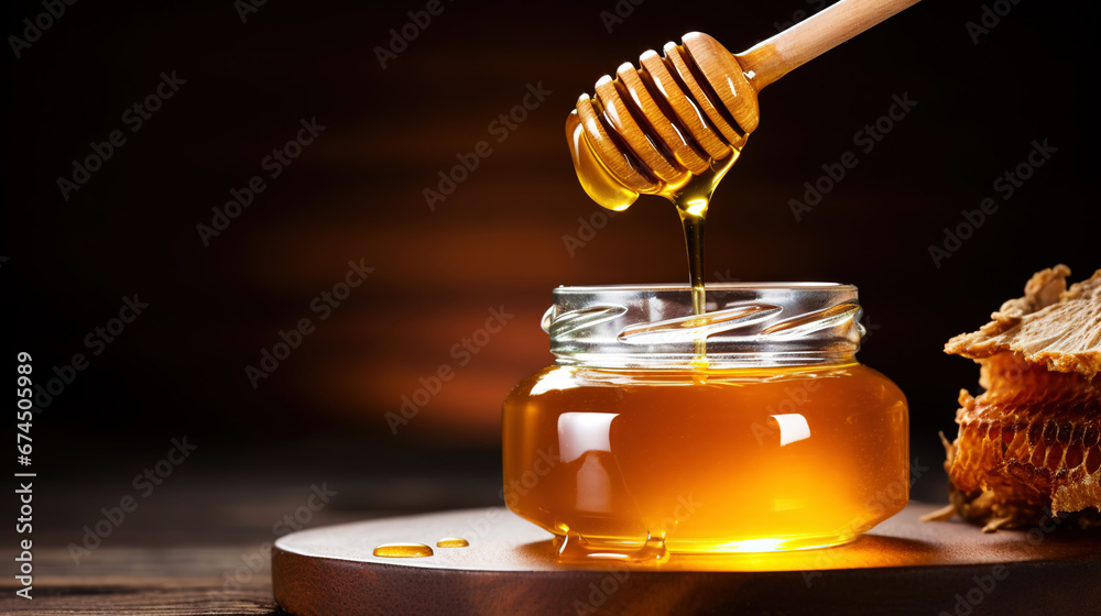 Close-up of a jar of honey, a dipper with dripping honey, on a wooden table with dark background. Generative AI