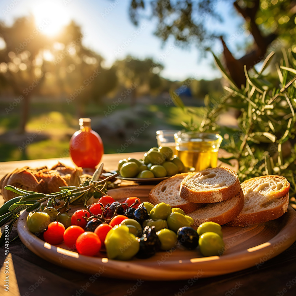 Mediterranean brunch with delicious tomatoes, ciabatta, olives, rosemary and cheese in an olive garden. Generative AI