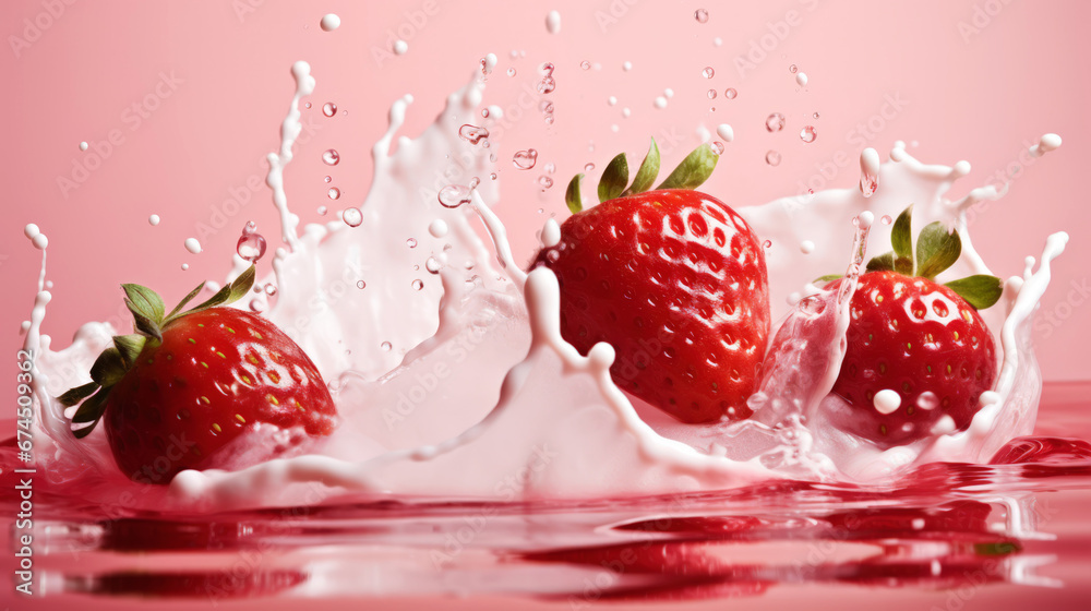 Milk splash with strawberries. Sweet dessert cream. Milkshake concept. Generative AI