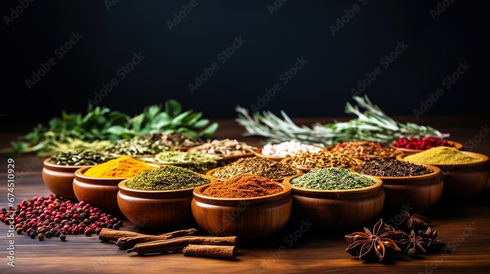 Collection of different aromatic spices, seeds and herbs in a small plates on wooden table, side view. Generative AI