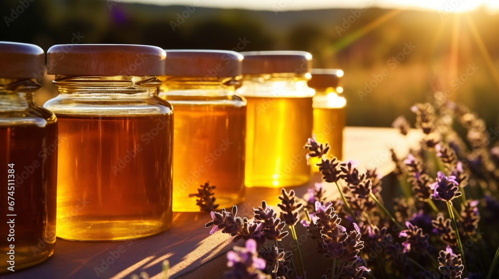 Jars of organic flower honey on a wooden table, with lavender, sunset in the background. Generative AI