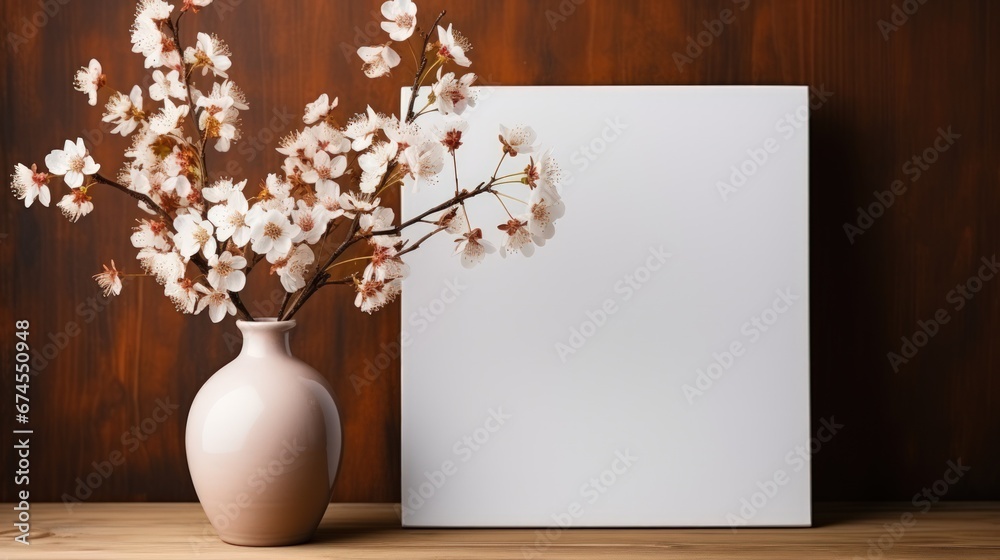 Wooden frame mockup on a desk with vases with flowers. Dark background. Generative AI