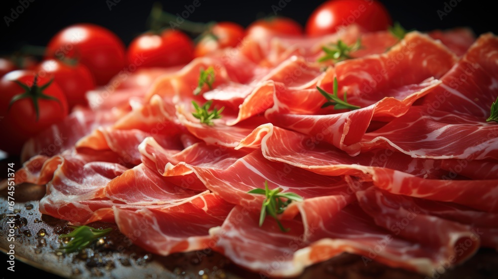 Close-up of sliced Iberico ham with herbs and tomatoes, top side view. Generative AI