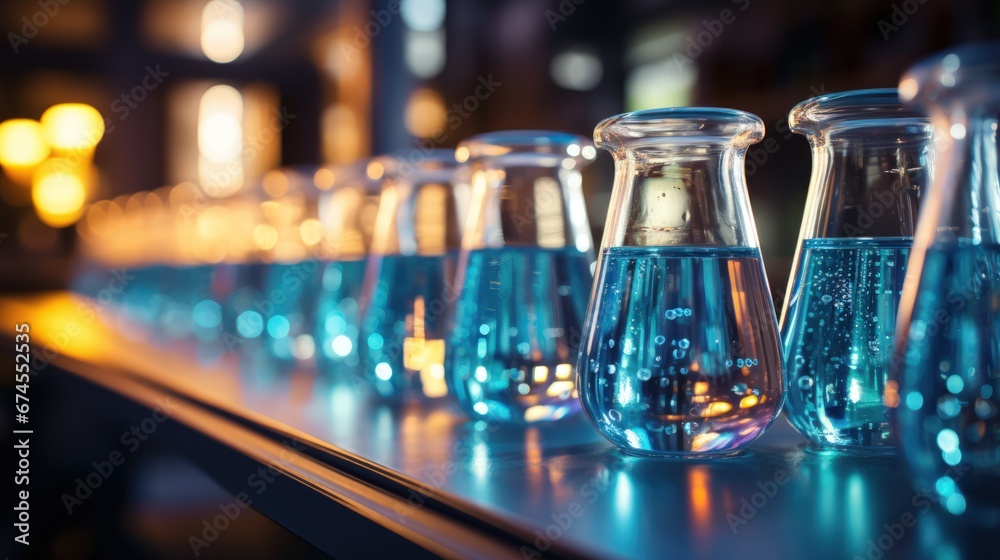 Close-up of blue glass flasks standing in row. Scientific chemistry research. Laboratory backdrop. Generative AI