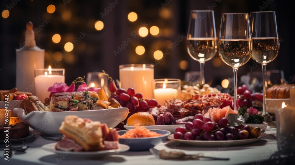 a dinner table with christmas food and wine, in the style of bokeh panorama.