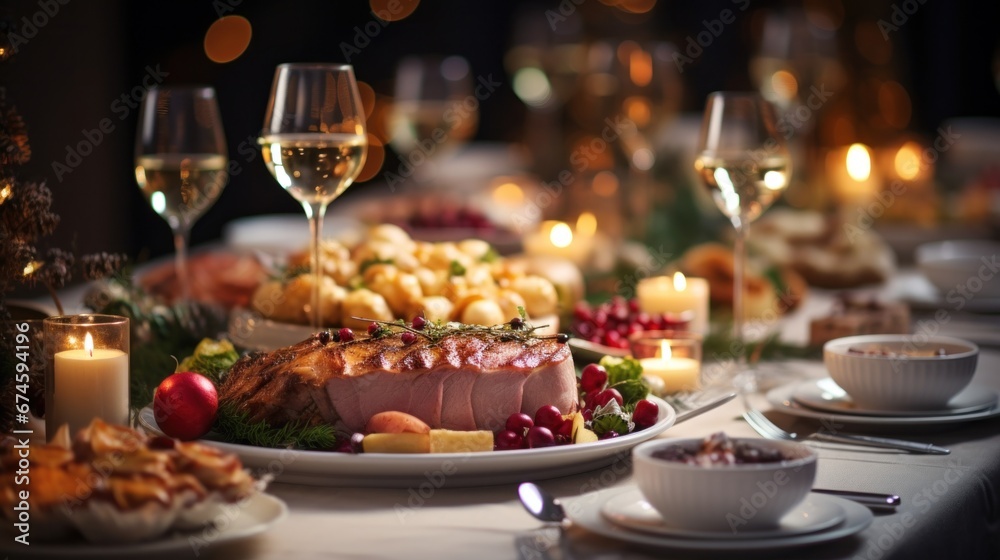 a dinner table with christmas food and wine, in the style of bokeh panorama.