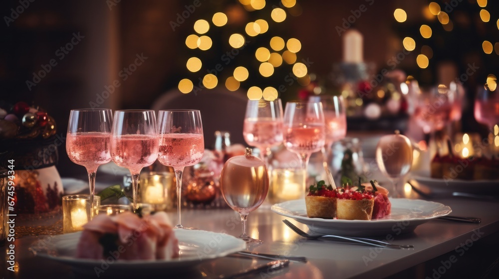 a dinner table with christmas food and wine, in the style of bokeh panorama.