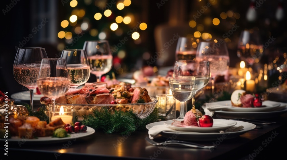 a dinner table with christmas food and wine, in the style of bokeh panorama.