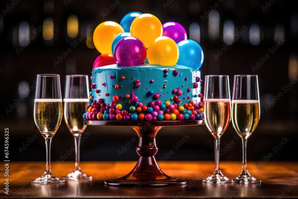 .rainbow cake in color with champagne bottle.