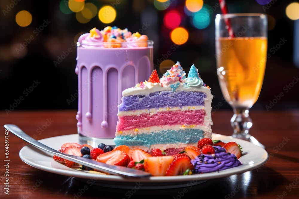 .rainbow cake in color with champagne bottle.