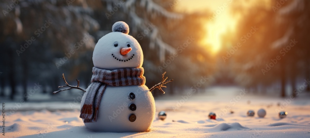 a snowman in winter with sunrise in sunshine.