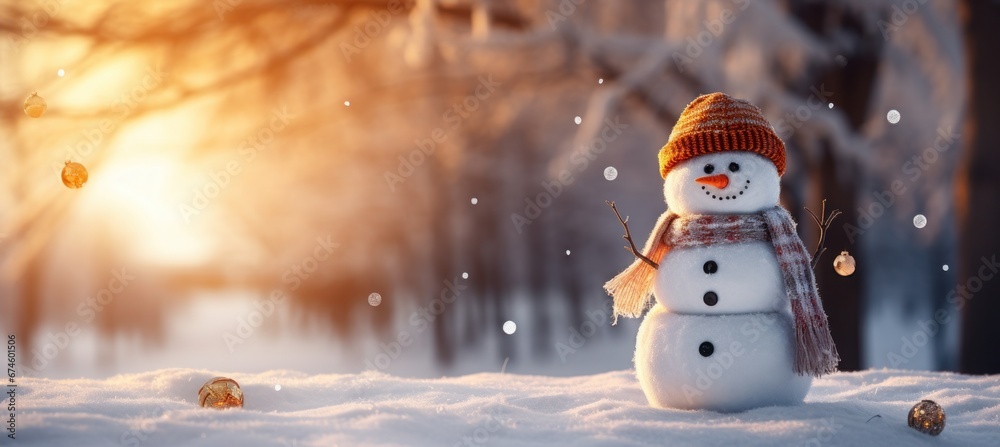 a snowman in winter with sunrise in sunshine.