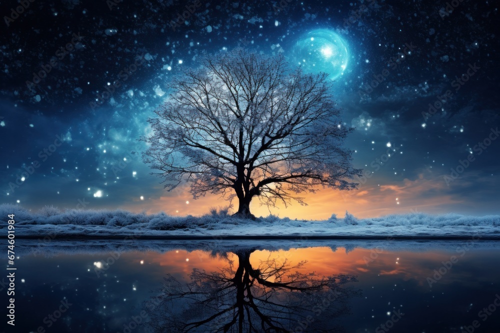 a snowy landscape with a tree near the snow with stars in the sky