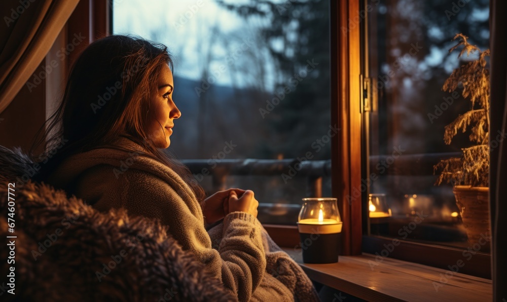 hand of person holding mug, winter time.