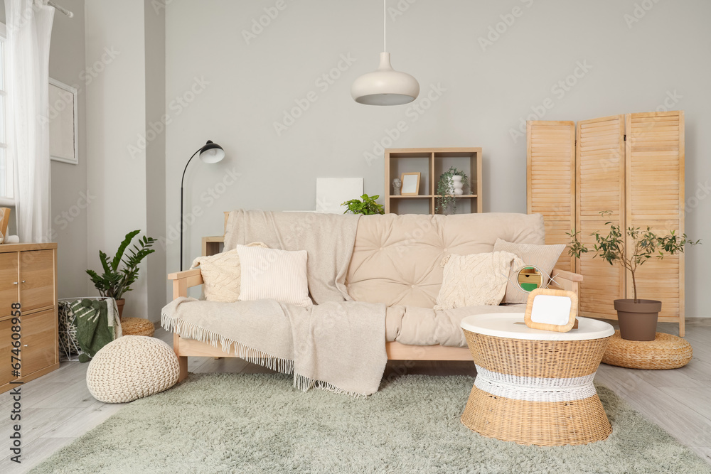 Interior of stylish living room with sofa and coffee table