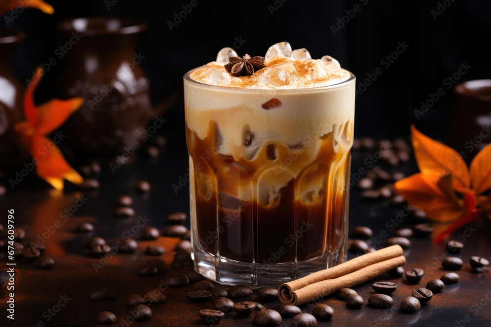 an iced cappuccino with cinnamon on the table,