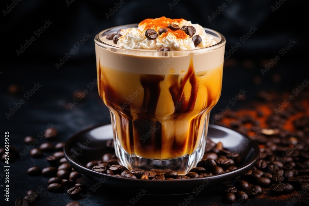 an iced cappuccino with cinnamon on the table,