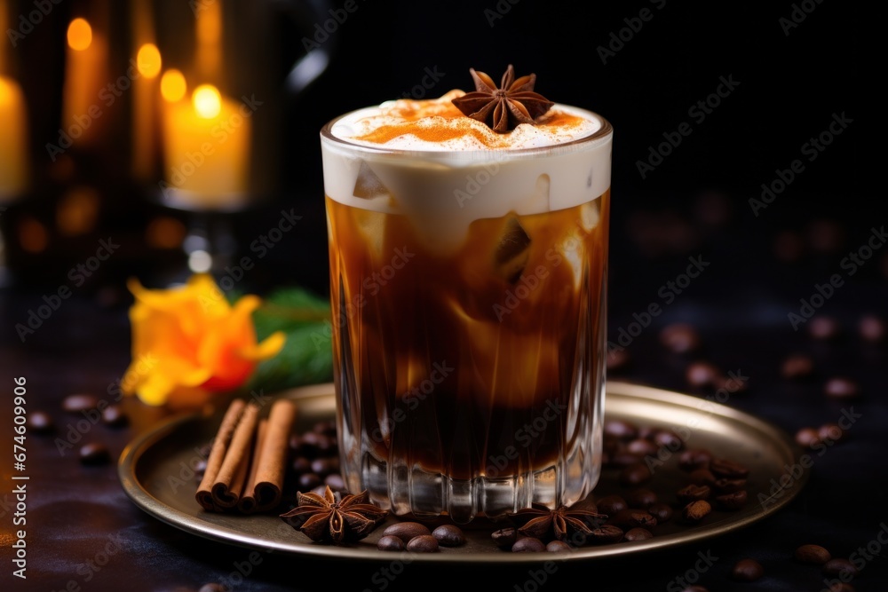 an iced cappuccino with cinnamon on the table,