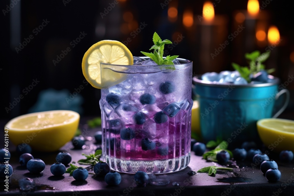 a cocktail of blueberries and mint with lime in the glass