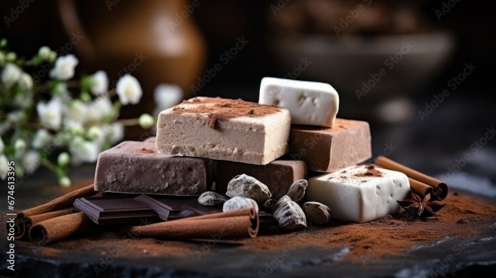 chocolate with marshmallow and cinnamon on table