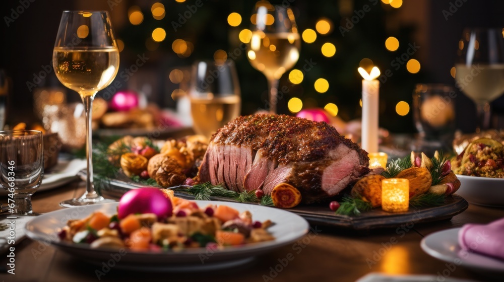 a dinner table with christmas food and wine, in the style of bokeh panorama.