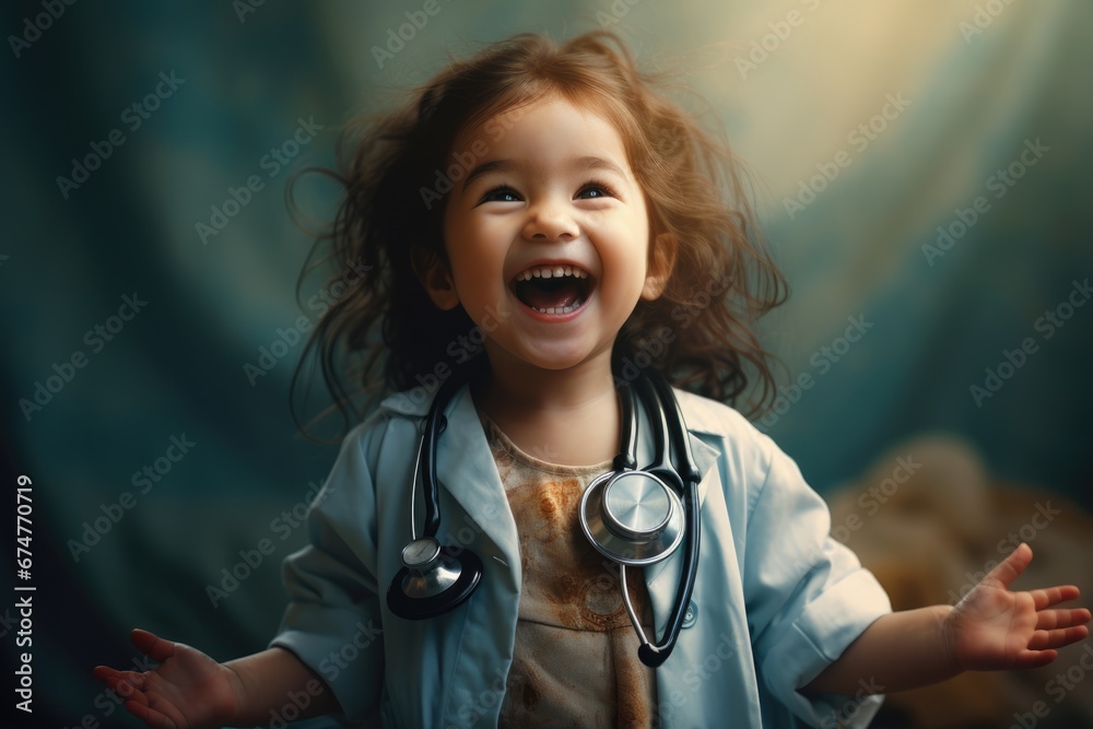 Cute little girl in doctors costume with stethoscope. Childrens concept of choosing profession. The doctor takes care of the child. Medicine, health, scientific research.