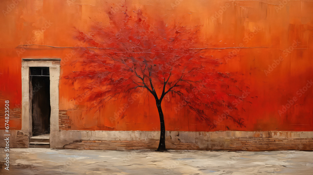 oil painting on canvas, street view of Venice. Artwork. Big ben. Red tree.