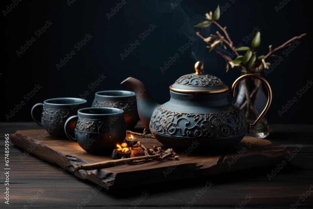 a black teapot sits on top of stones with smoke coming out of it