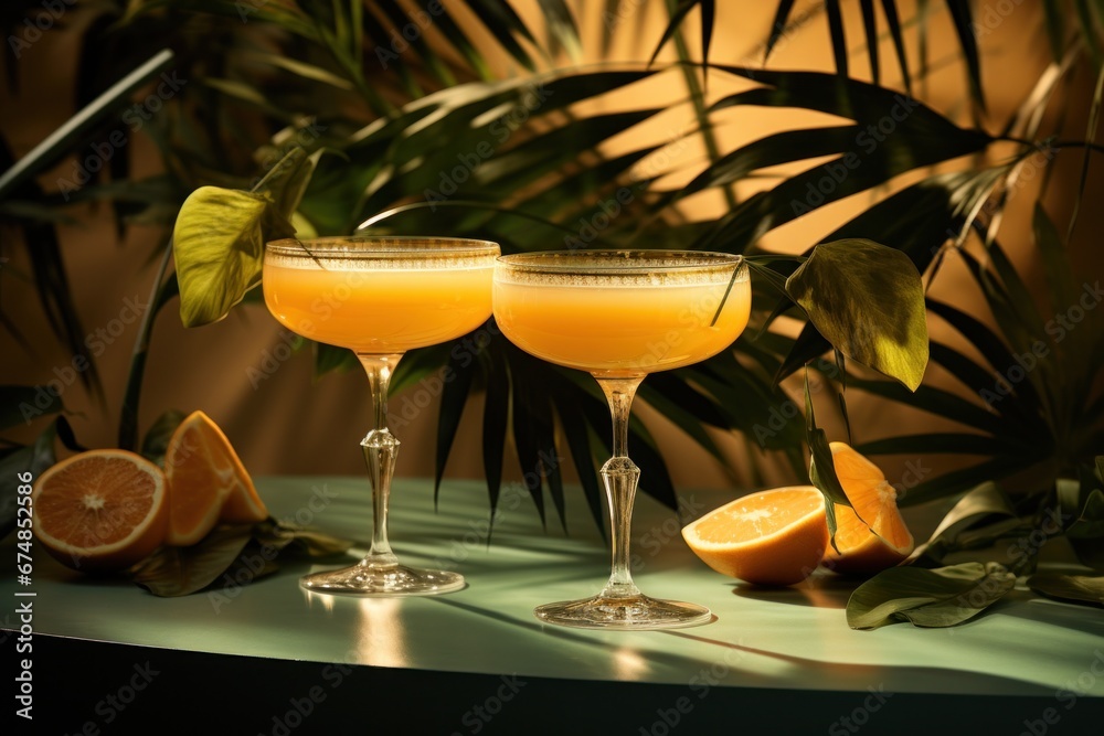 three orange colored cocktails layered on green leaves and oranges,