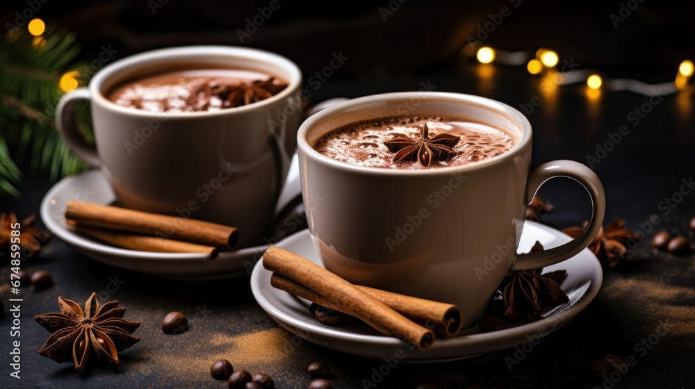 two cups with hot chocolate with cinnamon and cloves on it