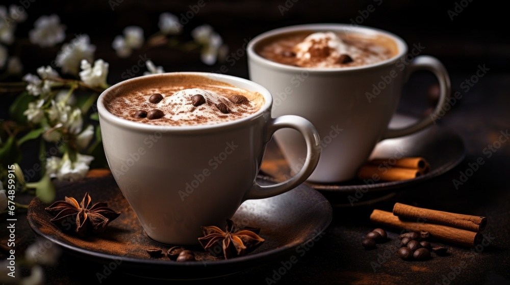 two cups with hot chocolate with cinnamon and cloves on it