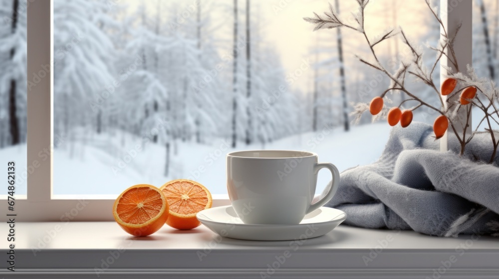 warm cup of coffee sitting on the window sill.