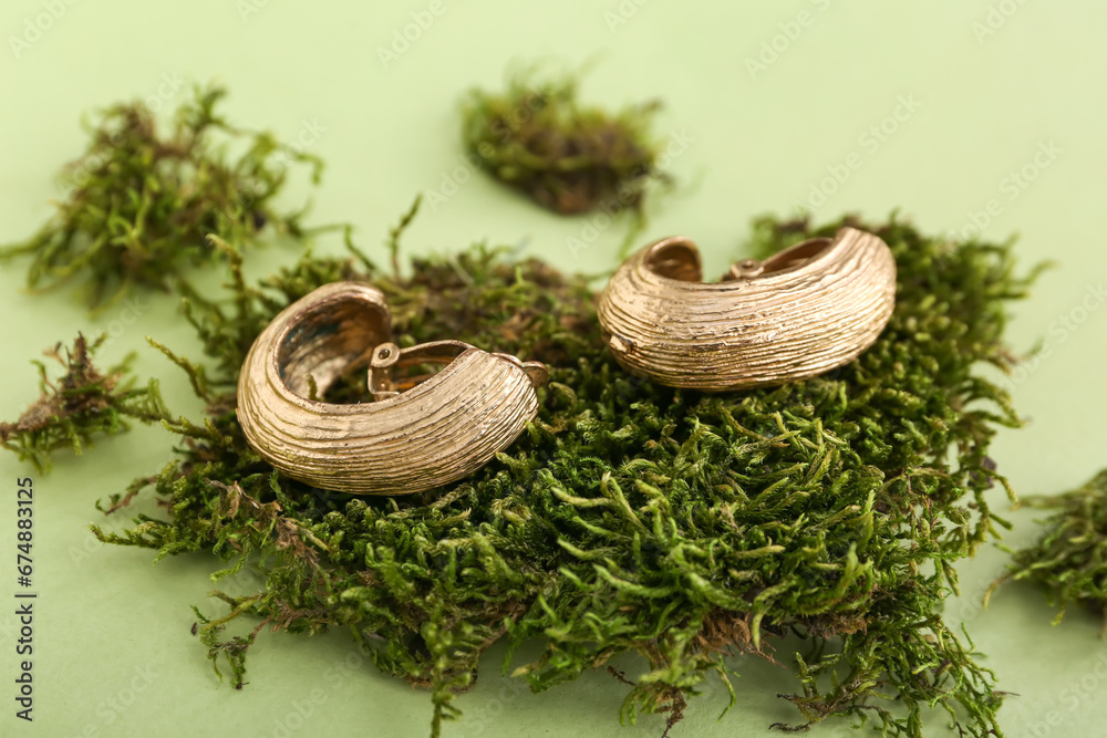 Golden earrings with moss on green background, closeup