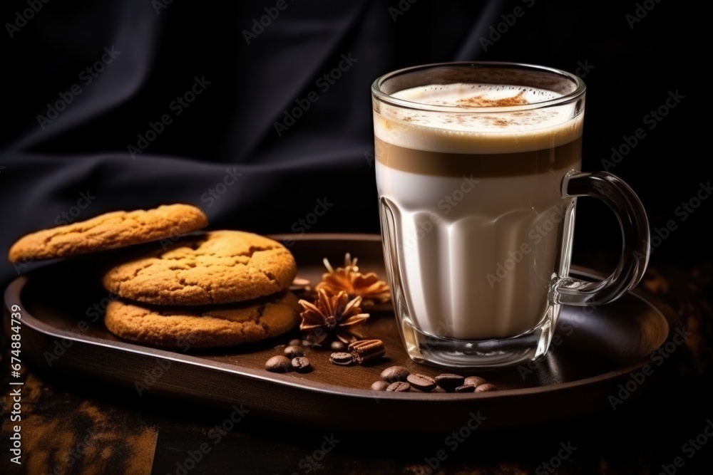 milk steam from espresso coffee mug with homemade cookies and almond,