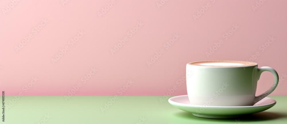 green tea cup with leaf on a green background