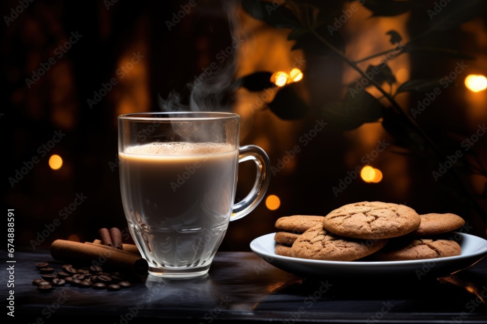 milk steam from espresso coffee mug with homemade cookies and almond,