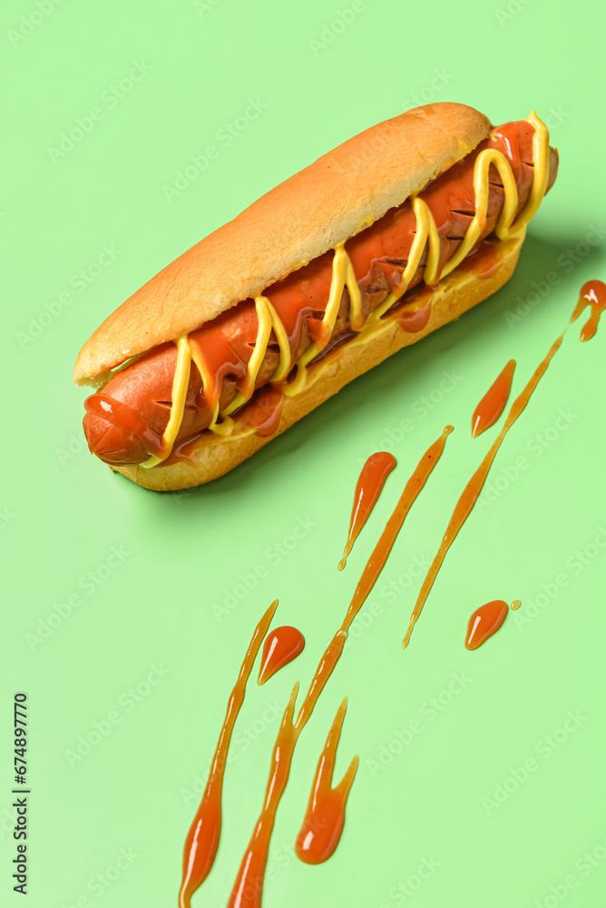 Tasty hot dog with mustard and ketchup on green background